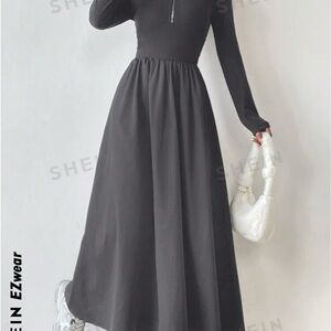SHEIN EZwear Spring Casual Half-Zipper Long-Sleeved A-Line Dress